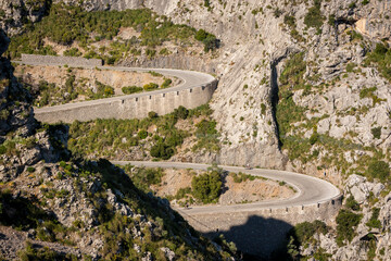 The serpentine Sa Calobra road built in 1932 within Tramontana mountains, west coast of Majorca,...