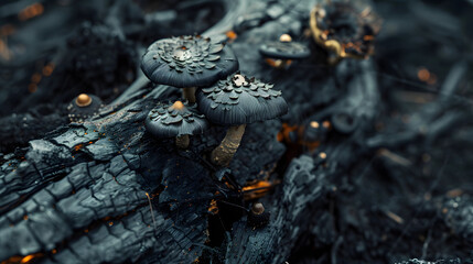 Obraz premium A closeup of mushrooms growing on charred wood. highlighting the resilience and beauty found in natures apocalypse 