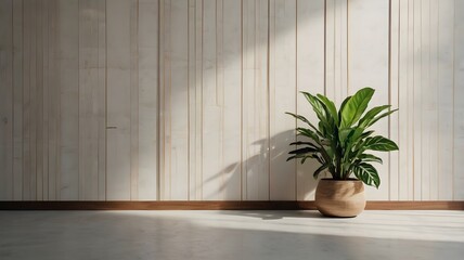 A home room with plants in pots and a white and wooden wall home decoration home background cozy mood minimal