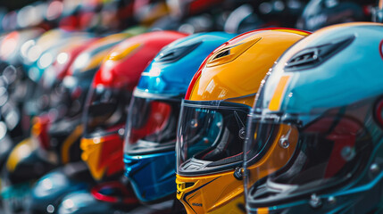 Fototapeta premium A row of colorful motorcycle helmets lined up, showcasing various designs and colors, focusing on safety and style.
