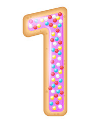 Number one shaped cookie decorated with pink confectionery icing and colored sprinkles. Vector illustratuion sweet cake for birthday  party 