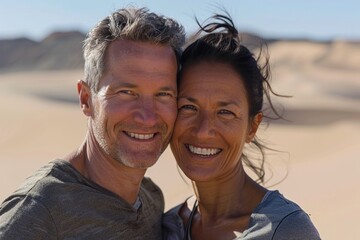 Obraz premium Portrait of a smiling multiethnic couple in their 40s sporting a long-sleeved thermal undershirt in front of backdrop of desert dunes