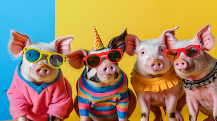 Naklejka premium Creative animal concept Group of pig piggy friends in sunglasses 