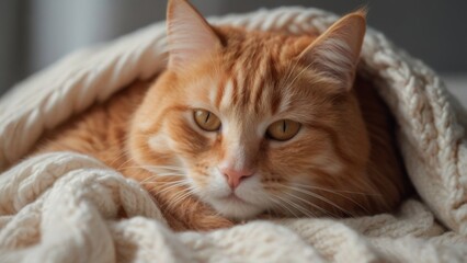 Obraz premium Cozy Ginger Cat Nestled in a Soft White Knitted Blanket