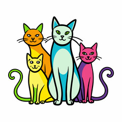 Create a positive design: a simple black line with colored cats in a vector illustration