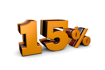 15% Glossy Golden percent sign isolated on white Percentage, sale, discount concept 3d rendering