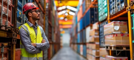 Fototapeta premium Worker in high visibility vest standing at the bustling and active cargo port area