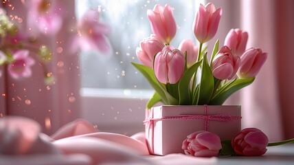 Pink tulips in gift box with soft lighting and dreamy background