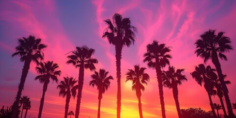 Silhouettes of Palm Trees in Los Angeles California at Vibrant Sunset. Concept Sunset Photography, Palm Trees, Los Angeles, Silhouettes, Vibrant Colors