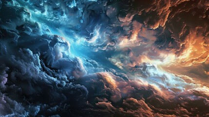 A colorful sky with clouds and a bright blue and orange cloud