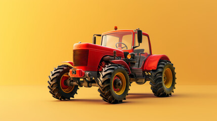 Obraz premium A vibrant red tractor with large tires set against a bold yellow background, showcasing agricultural machinery.