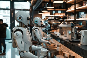 Robots in a cafe setting prepare and serve coffee to customers, illustrating the use of robotics in customer service and the food industry.