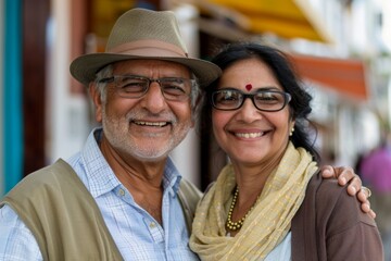 Portrait of a happy indian couple in their 50s donning a classic fedora over charming small town...