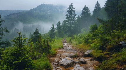 Obraz premium hiking trail in the mountains, landscape with mountains and hills in the fog, ai generated