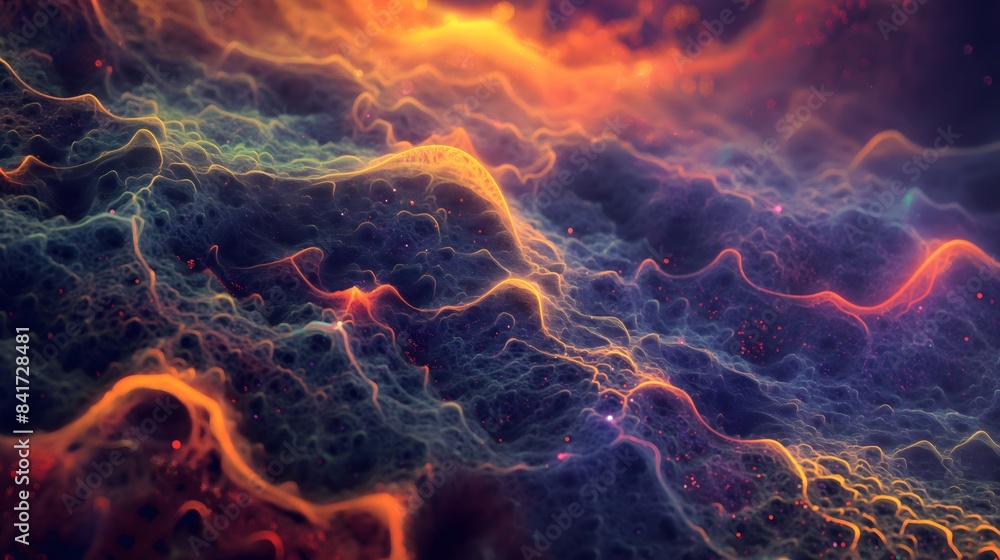 Poster 1. generate an image of captivating microbial abstraction, with glowing particles swirling in a dyna