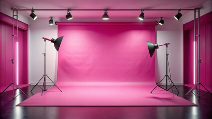 Vibrant pink background perfectly complements a chic, empty studio setting with subtle lighting, waiting for a stunning model to strike a pose.