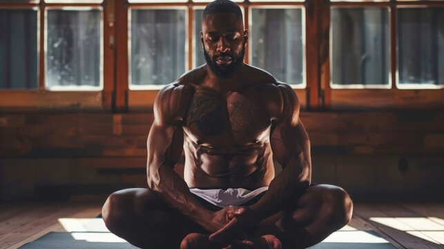 A muscular man sits in a meditative pose on a yoga mat in front of large windows, sunlight streaming in.