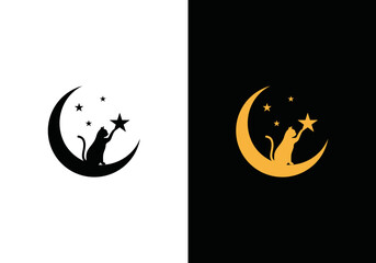 silhouette logo design of a cat sitting on a crescent moon with a cat's hand reaching for a star in a simple flat style design with a peaceful feel © zulfan