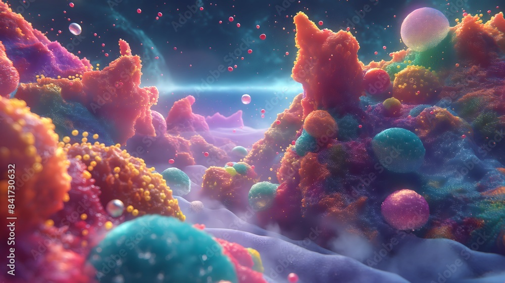 Poster 4. design an image of luminous particles resembling microbial structures, scattered across a dynamic