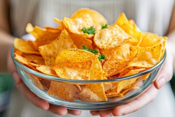 Couple happily snacking in front of tv with a bowl of chips for a cozy evening at home