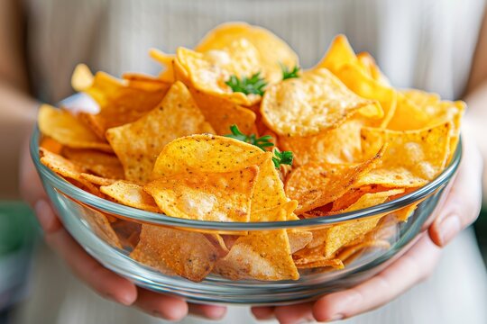 Couple happily snacking in front of tv with a bowl of chips for a cozy evening at home