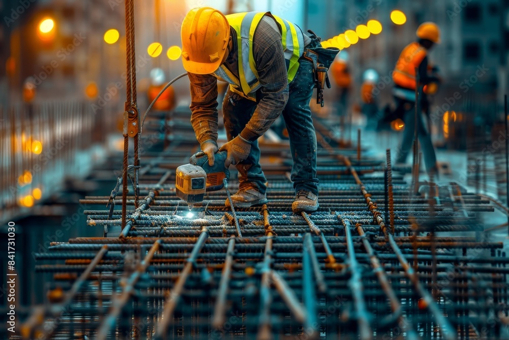 Poster construction worker using power drill to build structure at busy construction site