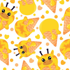 seamless pattern with orange ice cream cones and animal print, namely giraffe face and waffle cone, for design, packaging or advertising
