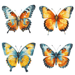 Obraz premium A watercolor painting featuring four butterflies with vibrant yellow, orange, and blue wings, depicted on a stark white background