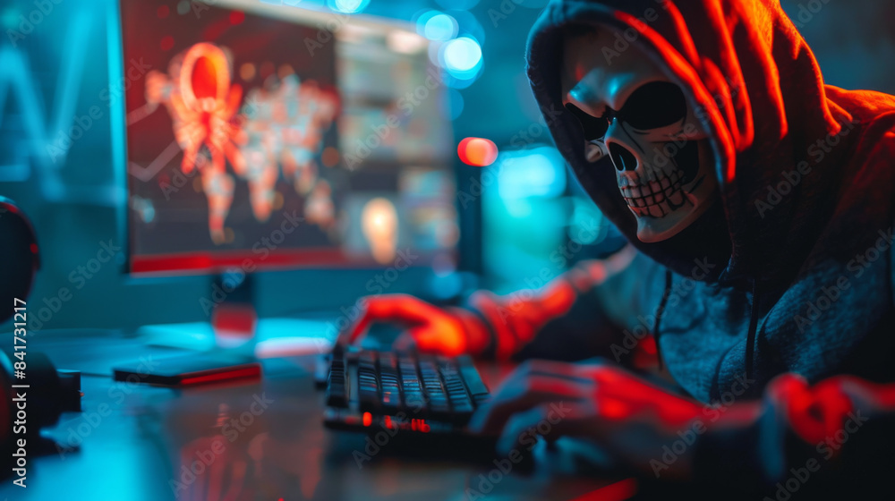 Poster a hacker wearing a skull mask working on a computer in a dark, moody environment with blue and red l