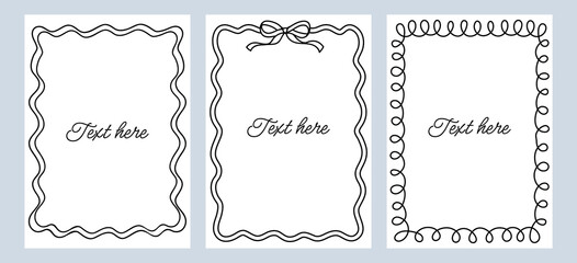 Set black frames template with space for text. Hand drawn wavy frames isolated on background. Vertical border frame card