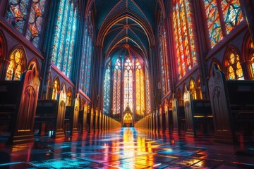Experience the breathtaking beauty of a majestic cathedral, where intricate stained glass windows create a mesmerizing kaleidoscope of colors that dance upon the pews below.