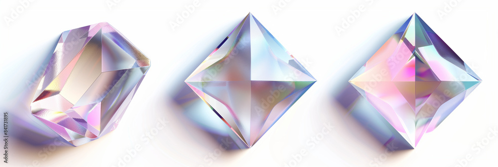 Poster 3d render of three different crystal shapes in pastel iridescent colors against a white background w