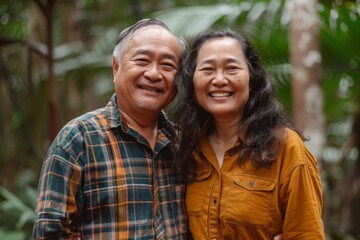 Fototapeta premium Portrait of a joyful asian couple in their 40s dressed in a relaxed flannel shirt in lush tropical rainforest