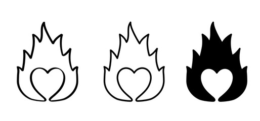 Cartoon line burning hearts. Symbol of passion and love. Bright fiery heart. Drawing flaming heart for Valentine's day. 14 february, valentine, valentines day. Powerful inferno energy, explosion.