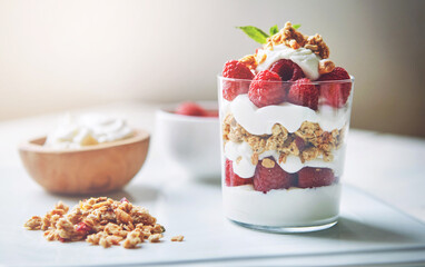Yogurt, container and glass with fruit in cereal for breakfast food, nutrition and healthy meal on...