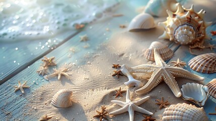 Close-up of various seashells and starfish on a sunny beach