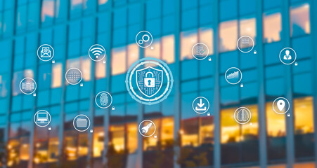 cybersecurity concepts: technology lock icon surrounded by computer icons