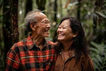 Fototapeta premium Portrait of a joyful asian couple in their 40s dressed in a relaxed flannel shirt while standing against lush tropical rainforest