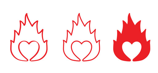 Cartoon line burning hearts. Symbol of passion and love. Bright fiery heart. Drawing flaming heart for Valentine's day. 14 february, valentine, valentines day. Powerful inferno energy, explosion.