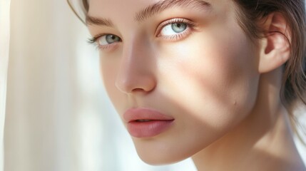 Naklejka premium Close-up of a woman with natural beauty, blue eyes, and clear skin, softly illuminated by sunlight through curtains.