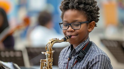 A young boy in glasses plays a saxophone, concentrating intently on his music. Back to school