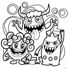 Obraz premium Hand-drawn illustrations, monsters doodle, Hand Drawn cartoon monster illustration,Cartoon crowd doodle hand-drawn Doodle style.black and white stripes coloring book.