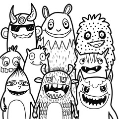 Hand-drawn illustrations, monsters doodle, Hand Drawn cartoon monster illustration,Cartoon crowd doodle hand-drawn Doodle style.black and white stripes coloring  book.