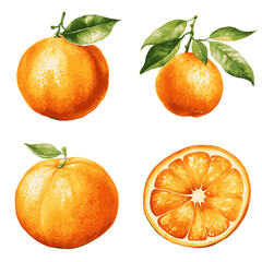 A watercolor illustration of four oranges, two whole with leaves and two sliced, isolated on a white background