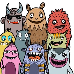 Hand-drawn illustrations, monsters doodle, Hand Drawn cartoon monster illustration,Cartoon crowd doodle hand-drawn Doodle style.
