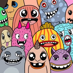 Hand-drawn illustrations, monsters doodle, Hand Drawn cartoon monster illustration,Cartoon crowd doodle hand-drawn Doodle style.