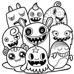 Hand-drawn illustrations, monsters doodle, Hand Drawn cartoon monster illustration,Cartoon crowd doodle hand-drawn Doodle style.black and white stripes coloring  book.