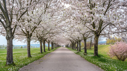 Blossoming cherry trees lining a peaceful pathway in spring