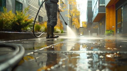 Sidewalk cleaning with high-pressure hose in modern urban setting