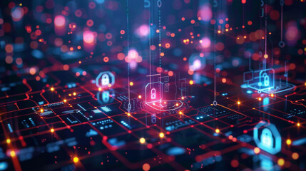 Obraz premium Abstract representation of cybersecurity with digital locks on a network grid, highlighting data protection and technology.